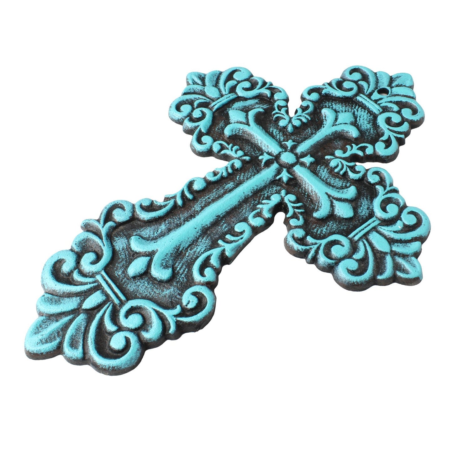 Rustic Turquoise Cast Iron Wall Cross Fleur De Lis Layered Floral Design 11 inch