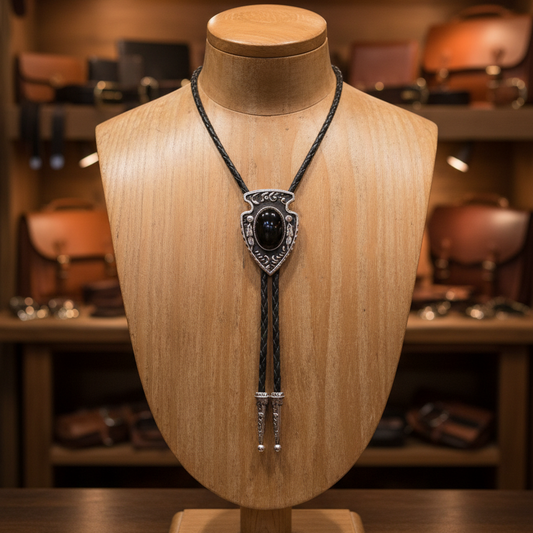 Arrowhead Oval Black Onyx Stone Bolo Tie Silver Color 40 in Black Leather Cord
