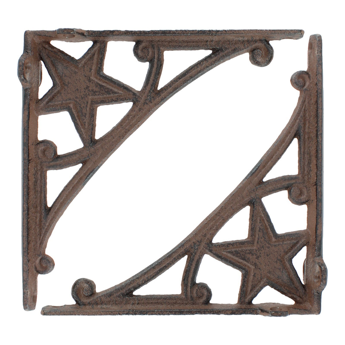 2 Cast Iron Star Scrolls Shelf Brackets Western Braces Antique Brown 6.75 inch