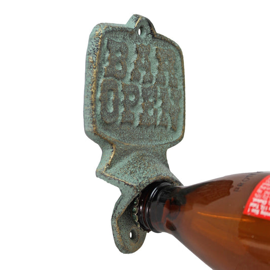 Cast Iron Bar Open Wall Bottle Opener Rustic Western Decor Green & Gold