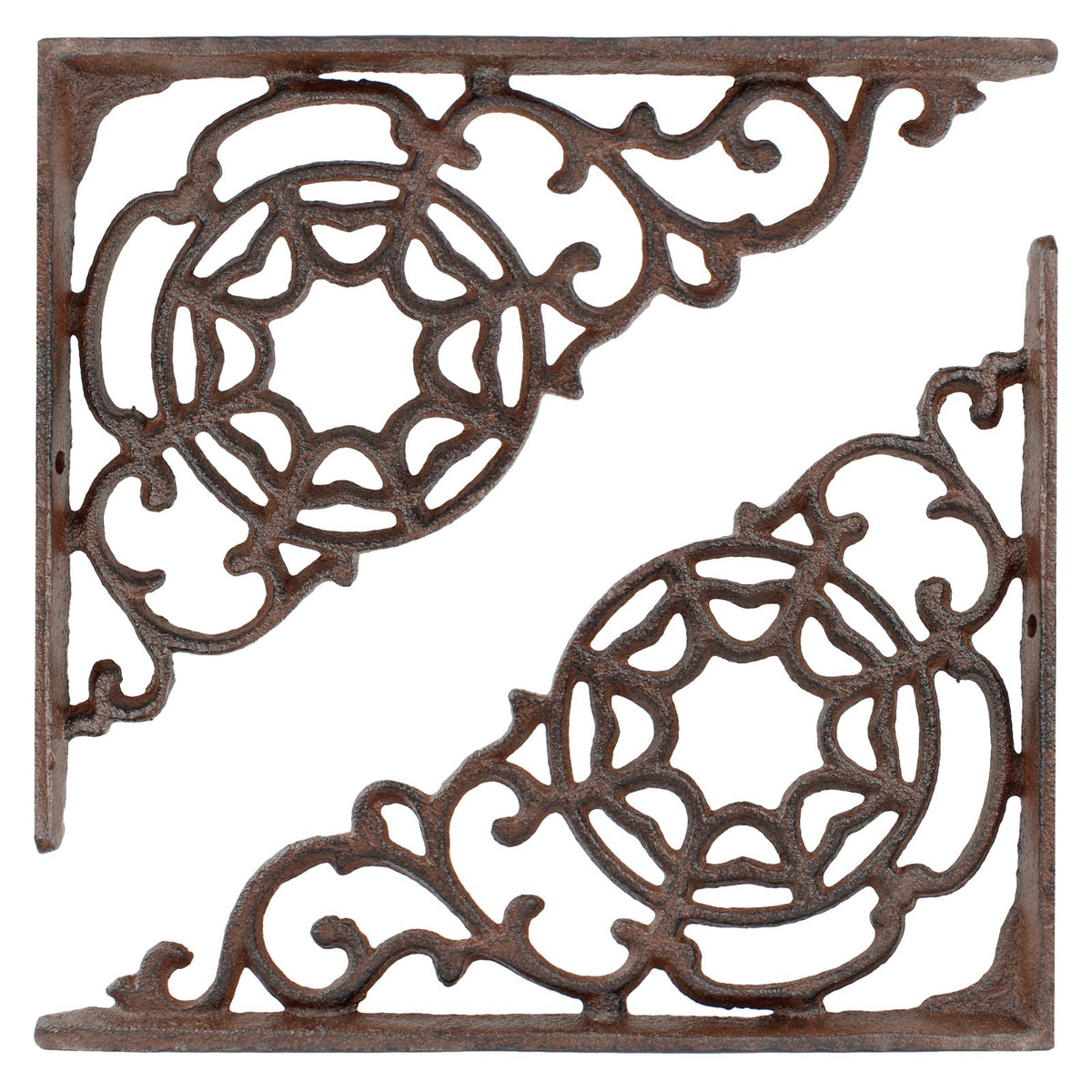 2 Rustic Cast Iron Scrolls Web Shelf Brackets Ornate Corner Brace 9 x 7 1/4 inch