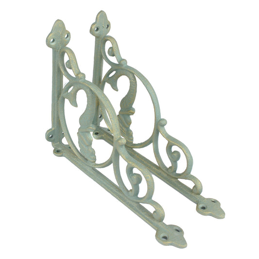 2 Mermaid Scrolls Shelf Brackets Verdigris Cast Iron Nautical Decor Green 9 inch