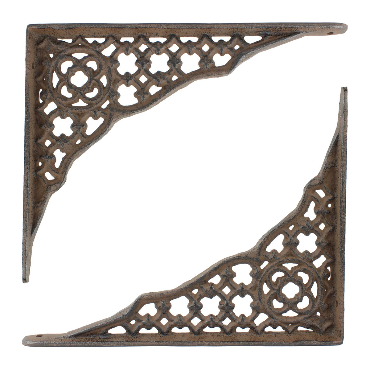 2 Cast Iron Lattice Shelf Brackets Rustic Brown Antique Style 8 1/4 x 6 1/2 inch