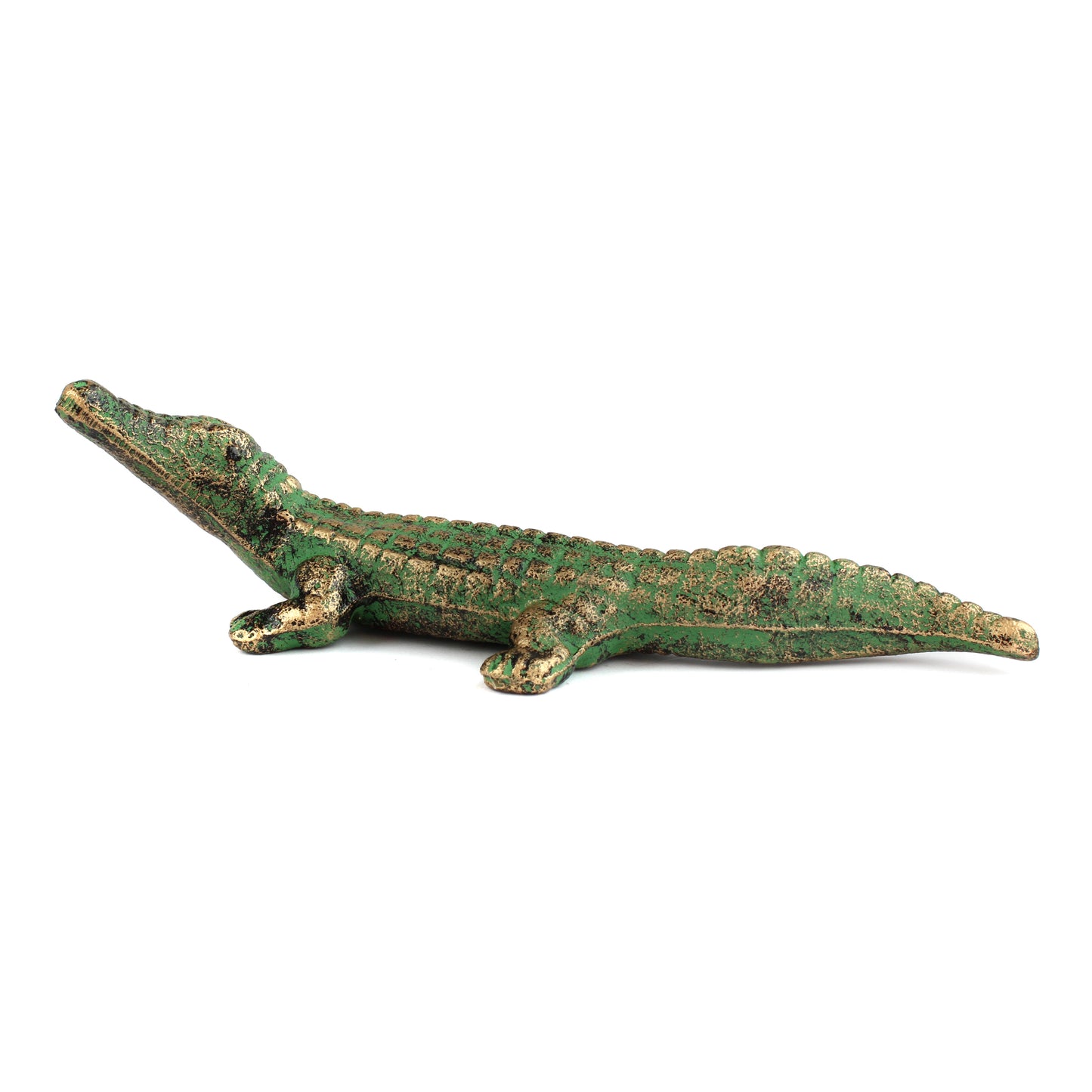 Cast Iron Alligator Figurine Statue Verdigris Green & Gold Pond Decor 7.5 inch