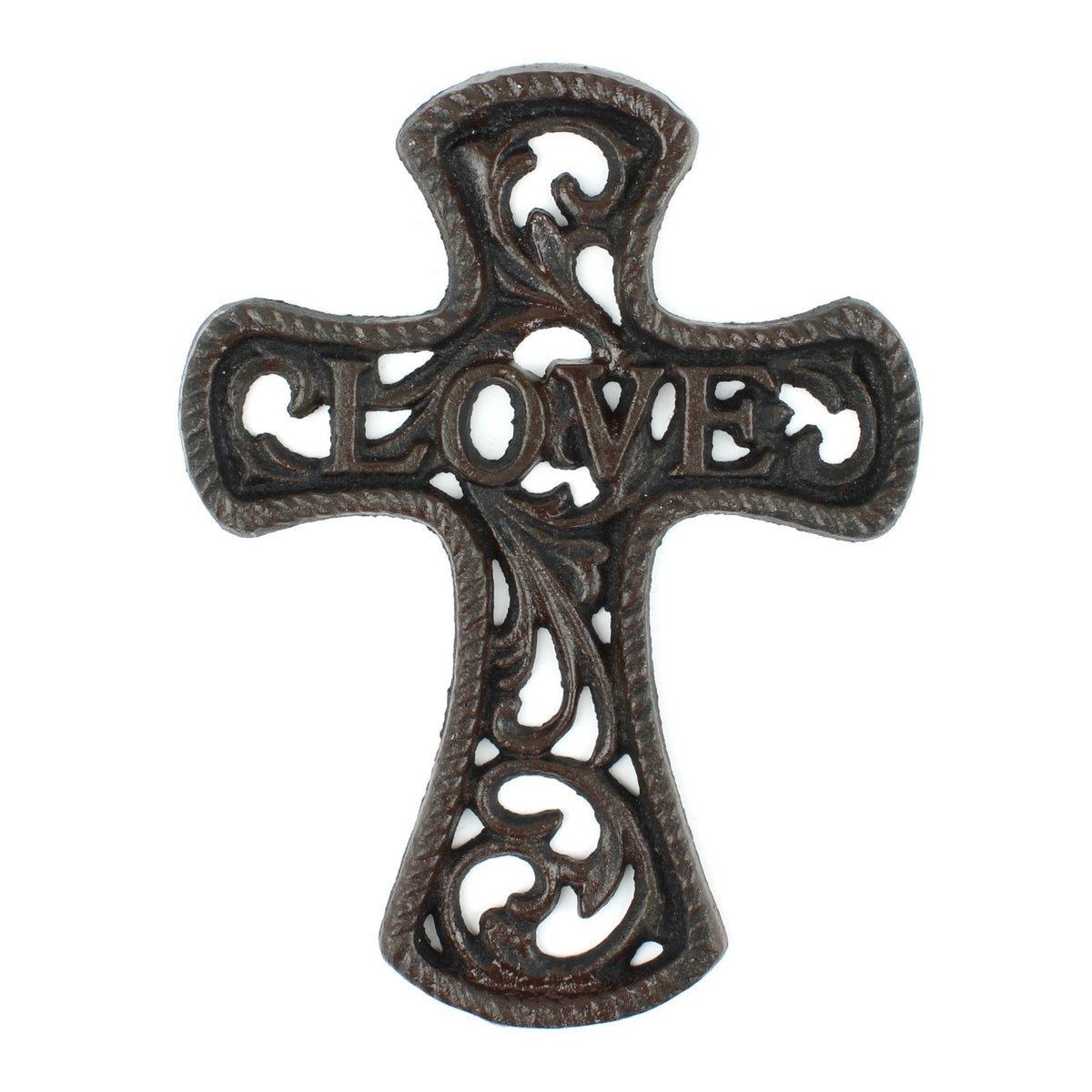 Small Cast Iron Floral Love Cross Wall Decor Vines Accent Antique Brown 6 inch