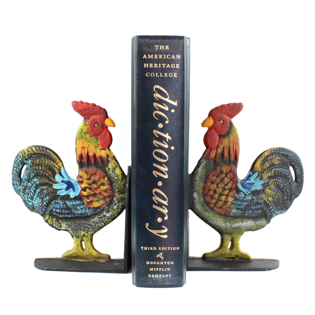 Colorful Hand Painted Cast Iron Rooster Bookends Set Heavy Duty Farm Decor