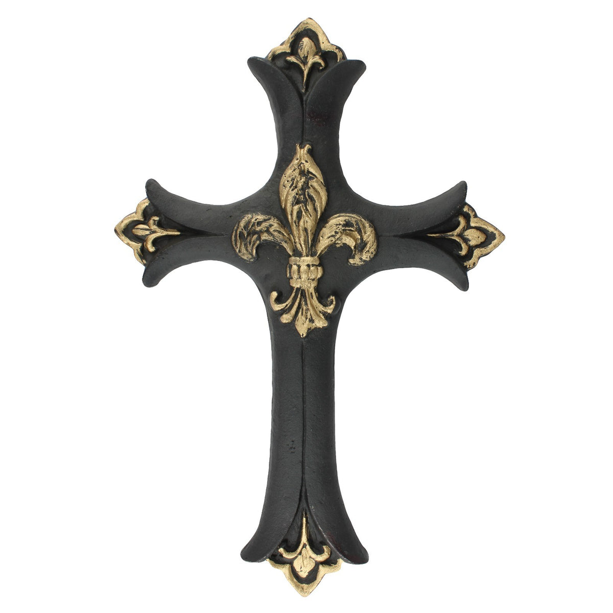 Cast Iron Fleur De Lis Wall Cross Victorian Decor Black & Gold 13.5 inch Tall