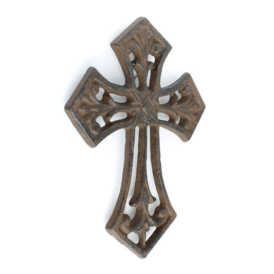 Small Cast Iron Fleur De Lis Wall Cross Decor Rustic Antique Brown 5.5 inch
