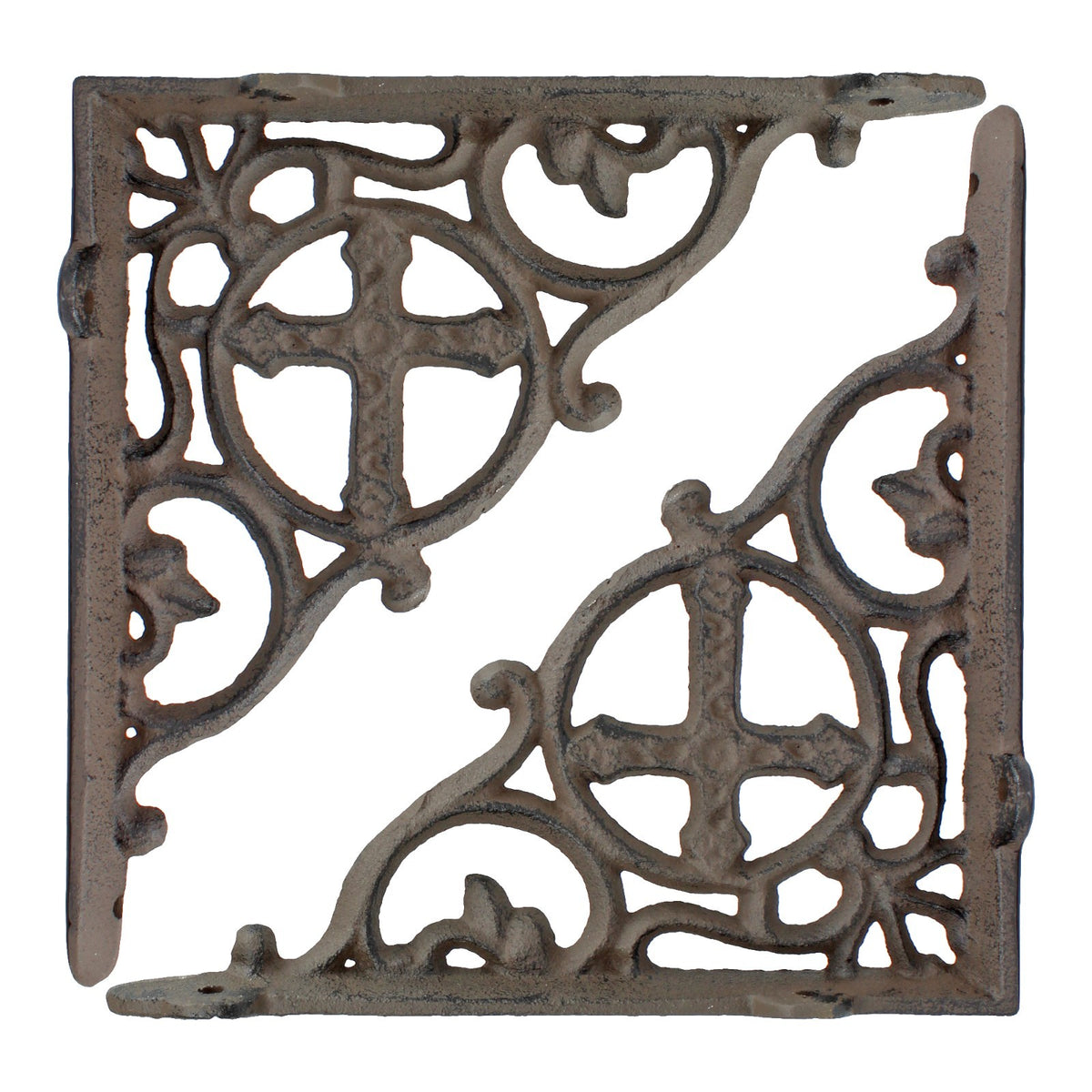 2 Rustic Cast Iron Cross Scrolls Shelf Brackets Antique Style Brace 7 3/8 inch