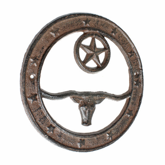 Cast Iron Texas Longhorn Wall Decor Circle With Stars Rustic Western 6.5 inch