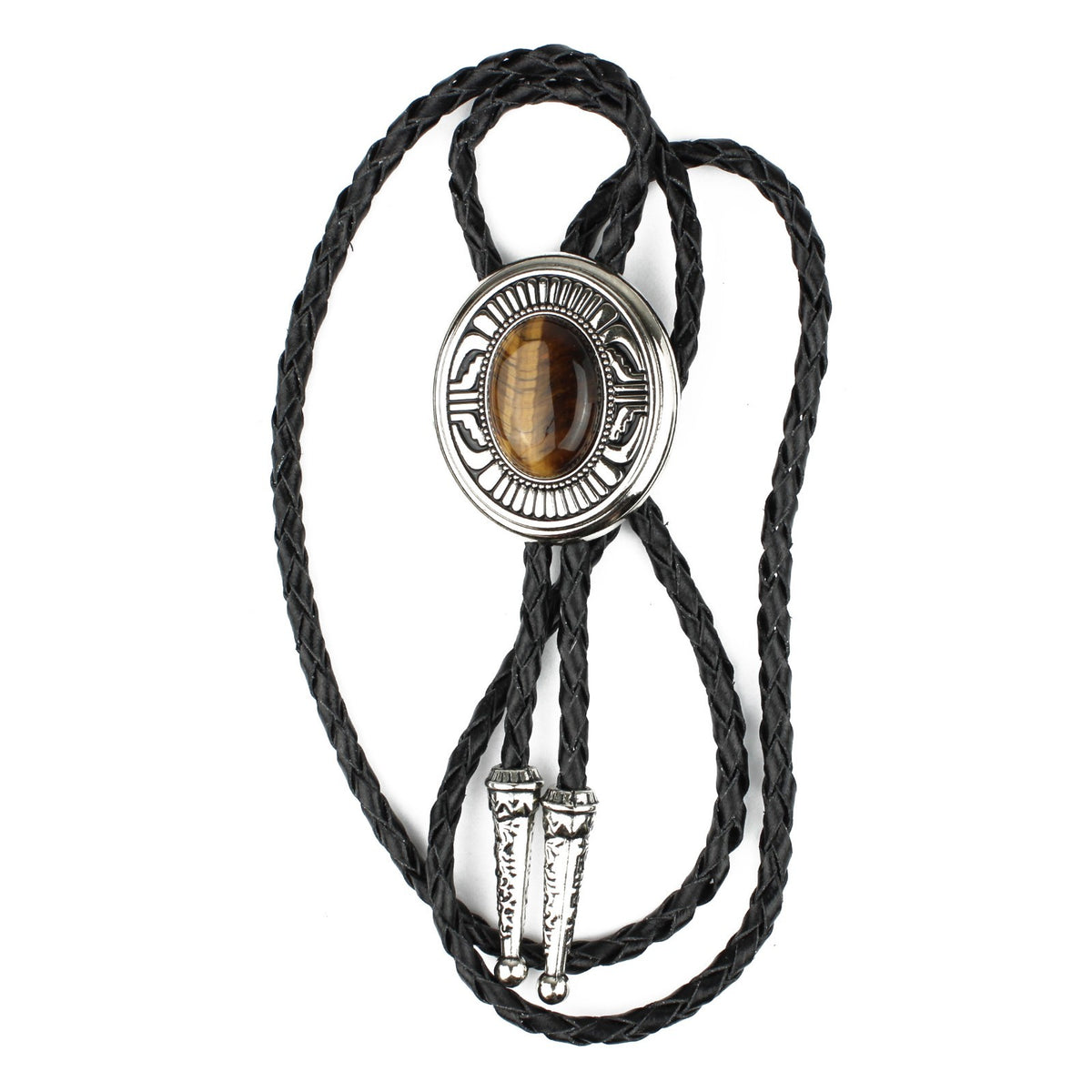 Oval Tiger's Eye Natural Stone Western Bolo Tie Silver Color 40 inch Black Cord
