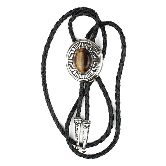 Oval Tiger's Eye Natural Stone Western Bolo Tie Silver Color 40 inch Black Cord
