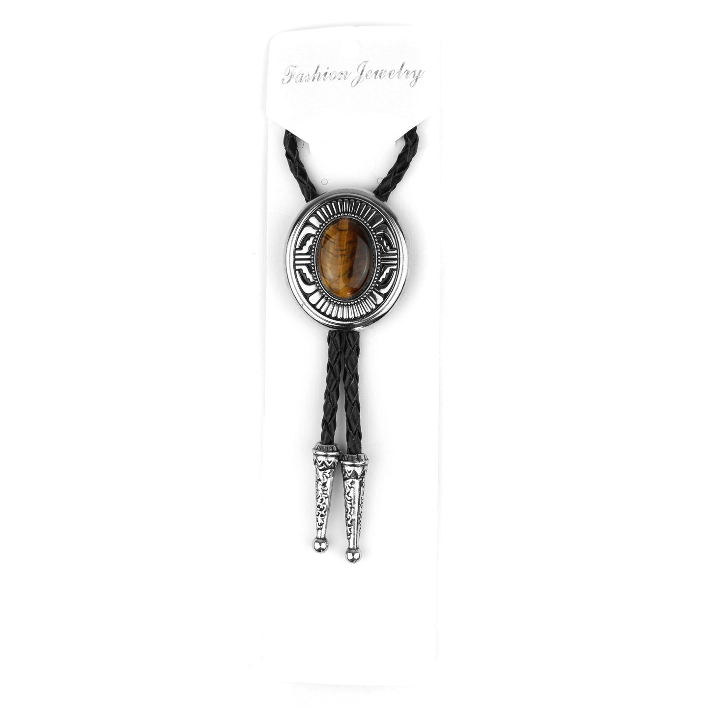 Oval Tiger's Eye Natural Stone Western Bolo Tie Silver Color 40 inch Black Cord