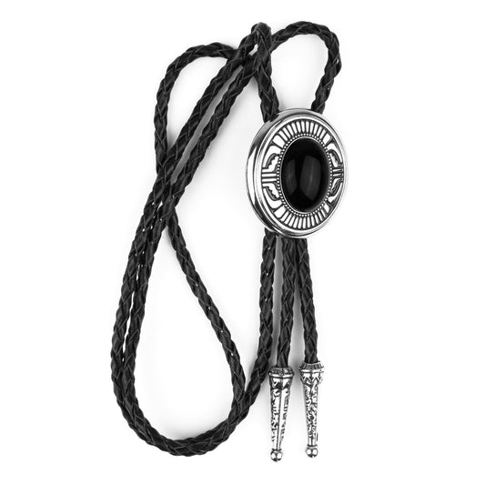 Oval Black Onyx Natural Stone Western Bolo Tie Silver Color 40 inch Black Cord