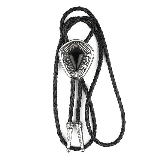 Teardrop Black Onyx Stone Western Bolo Tie Silver Color 40 inch Black Cord