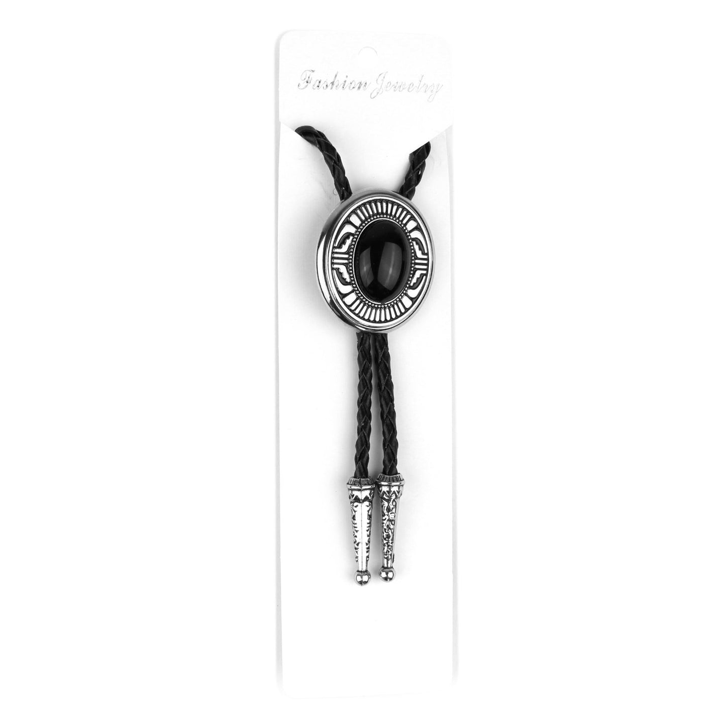 Oval Black Onyx Natural Stone Western Bolo Tie Silver Color 40 inch Black Cord