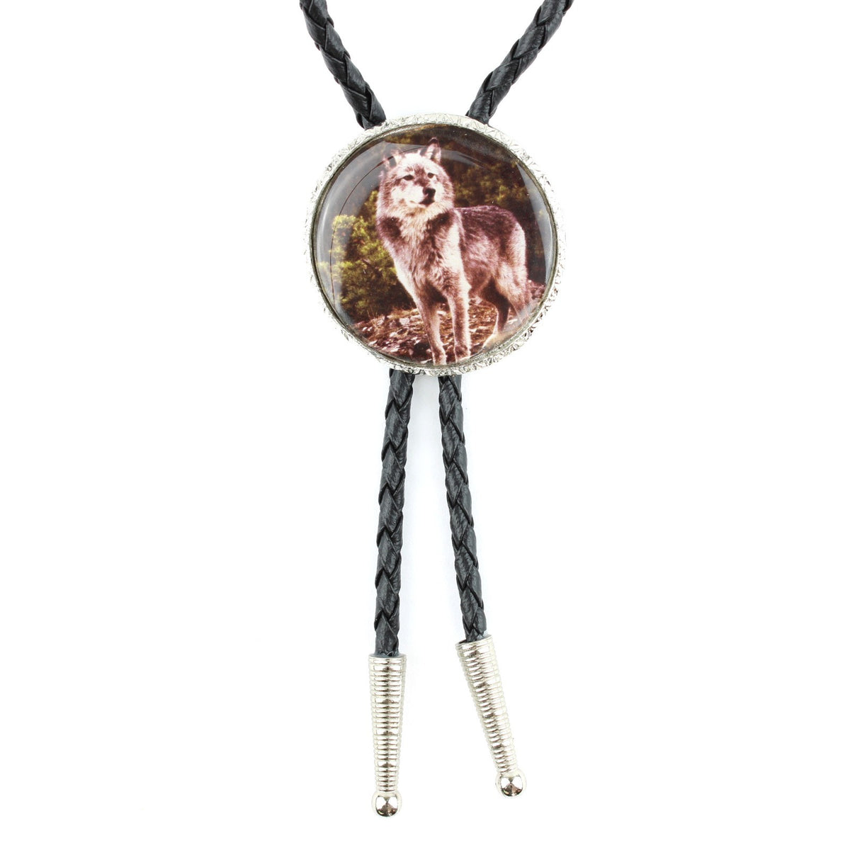 Western Wolf Bolo Tie Round Silver Color Pendant 36 inch Black Cord Made in USA