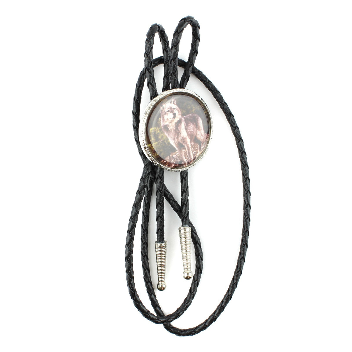 Western Wolf Bolo Tie Round Silver Color Pendant 36 inch Black Cord Made in USA