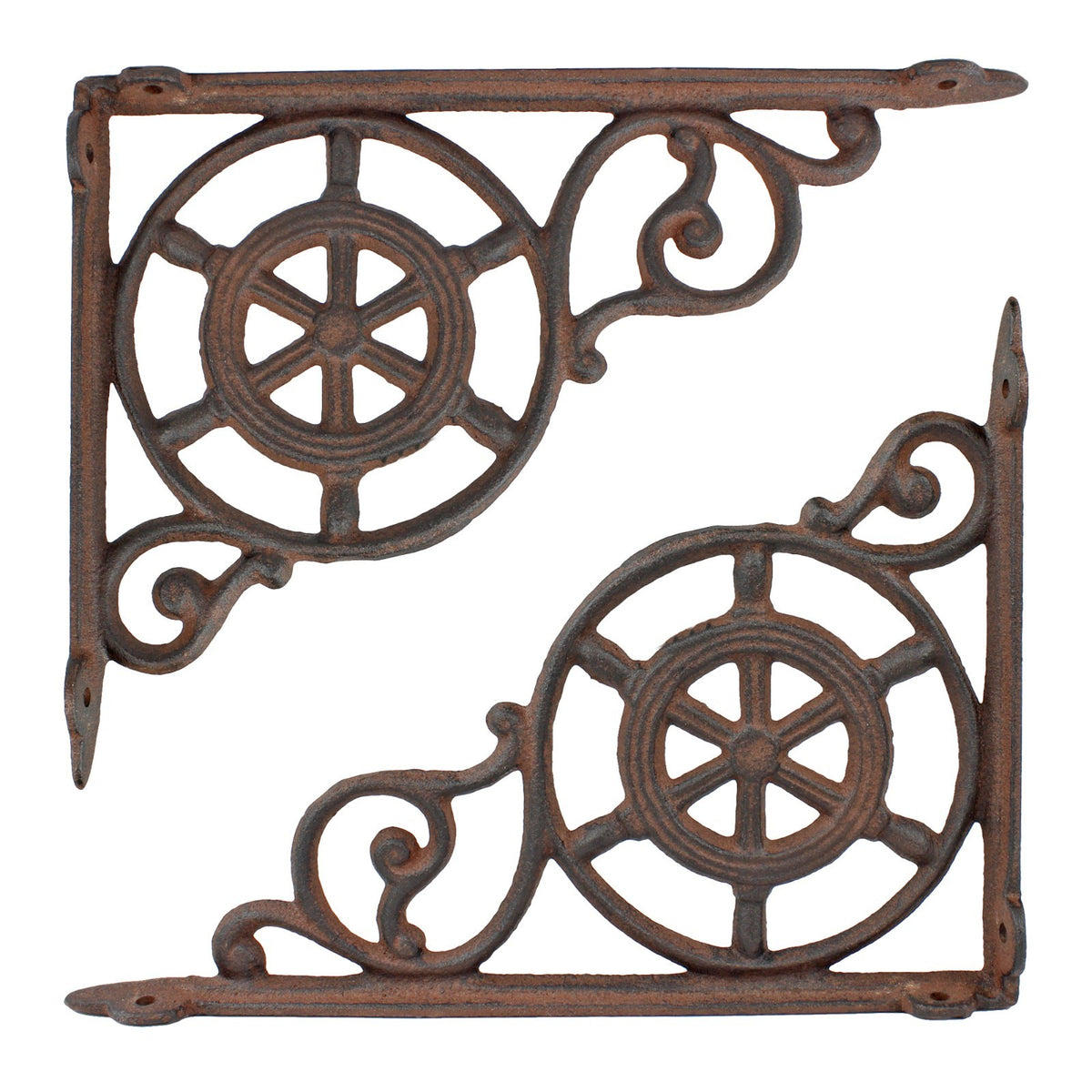 2 Rustic Cast Iron Ship's Helm Wheel Shelf Brackets Corner Brace 9 x 6 5/8 inch