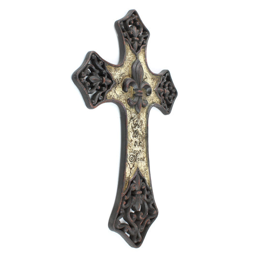 Fleur De Lis Religious Wall Cross Decor God Bless Our Home Brown 15 x 10 inch