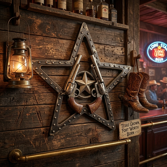 Rustic Western Resin Texas Star Sheriff Wall Decor Revolver Faux Metal 16 inch