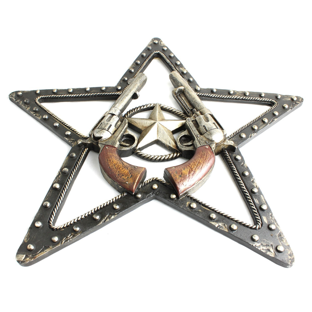 Rustic Western Resin Texas Star Sheriff Wall Decor Revolver Faux Metal 16 inch