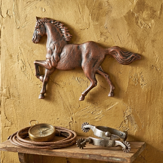 Elegant Cast Iron Galloping Horse Wall Decor Plaque Antique Copper 13.5 x 10 in