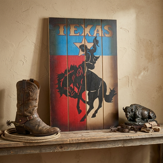 Wooden Texas Flag Bucking Horse Cowboy Wall Decor Rustic Weathered 16.5 inch