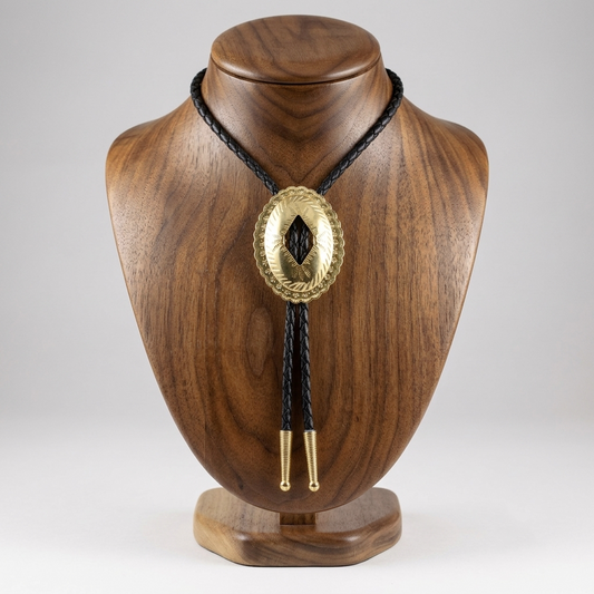 Oval Gold-Tone Western Bolo Tie - Engraved Scalloped Design 36 inch Black Cord