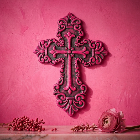 Rustic Pink Cast Iron Wall Cross Fleur De Lis Layered Floral Design 11 x 8 inch