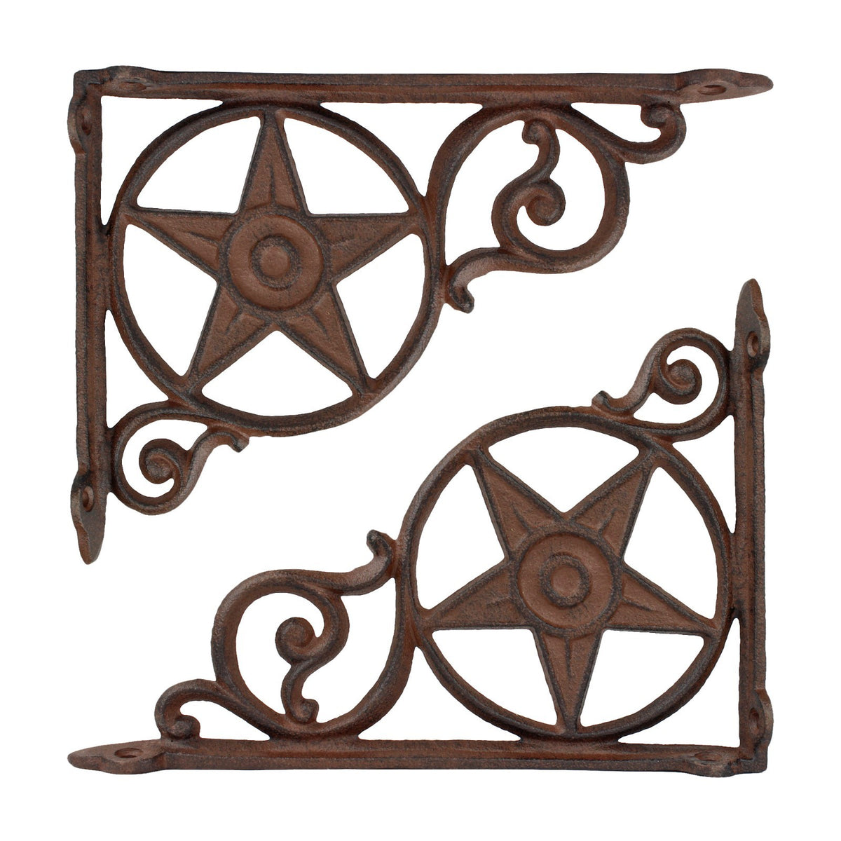 2 Cast Iron Star Scrolls Shelf Brackets Corner Brace Rustic Brown 8 3/4 inch