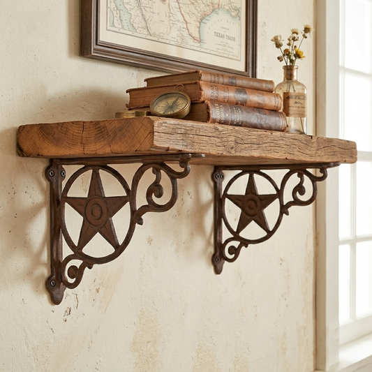 2 Cast Iron Star Scrolls Shelf Brackets Corner Brace Rustic Brown 8 3/4 inch
