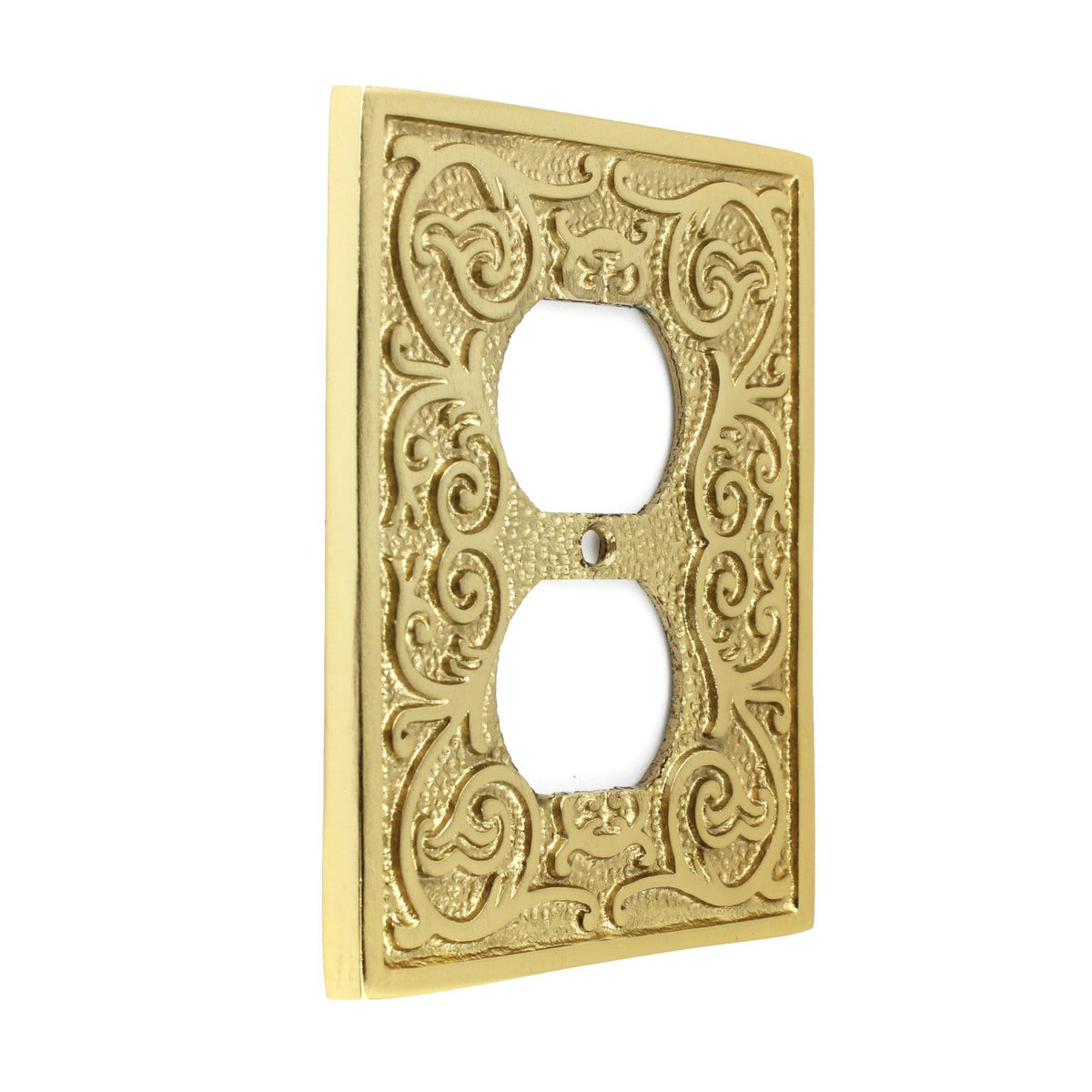Polished Brass Golden Metal Ornate Floral Duplex Outlet Plug Wall Plate Cover