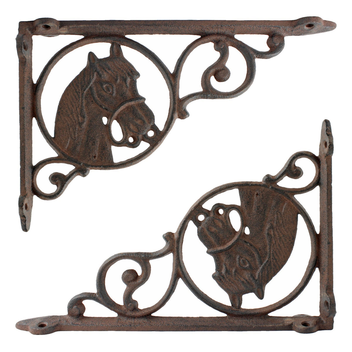 2 Cast Iron Horse Scrolls Shelf Brackets Corner Brace Rustic Brown 8 3/4 inch