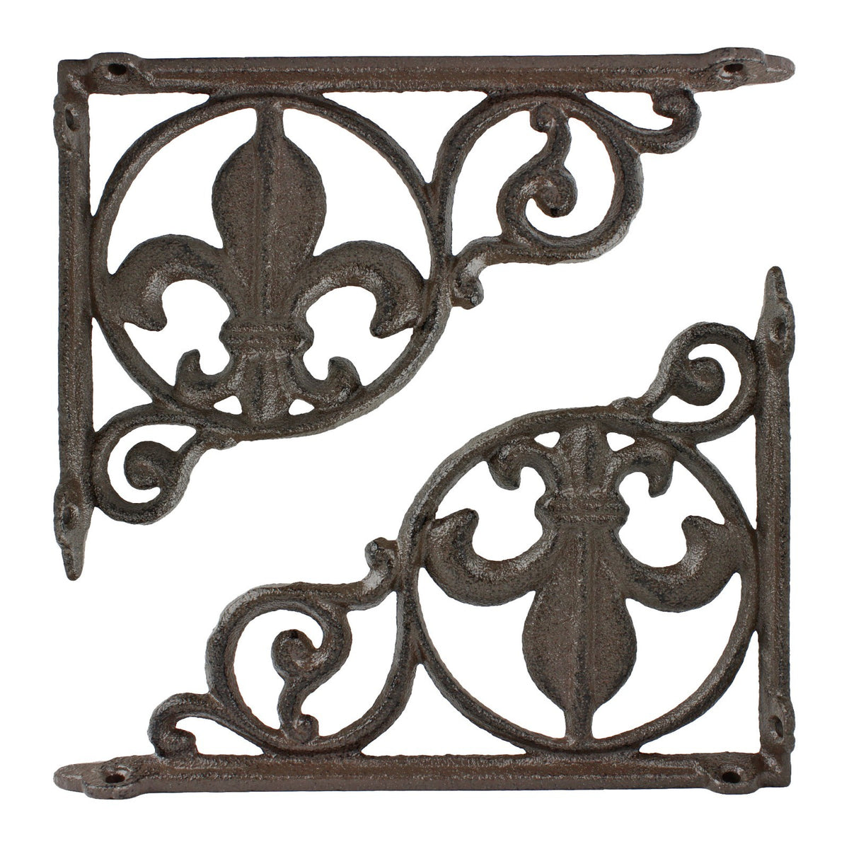 2 Cast Iron Fleur De Lis Scrolls Shelf Brackets Corner Brace Brown 8 1/2 inch