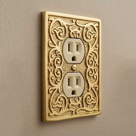 Polished Brass Golden Metal Ornate Floral Duplex Outlet Plug Wall Plate Cover