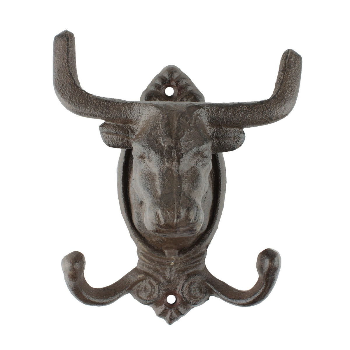 Cast Iron Longhorn Bull Skull Wall Hook Coat Rack Rustic Western Decor Brown