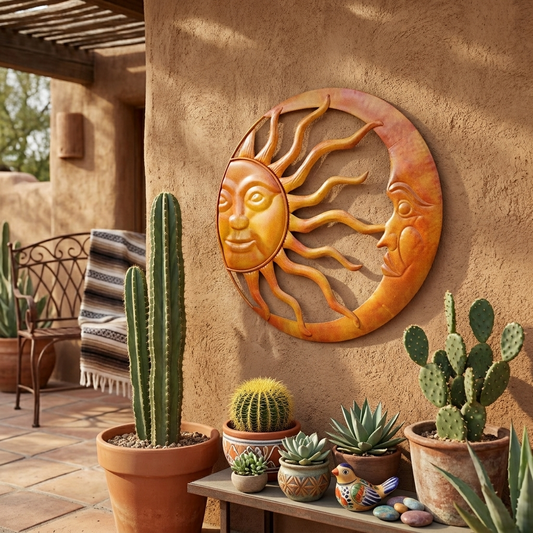 Tin Metal Sun & Moon Wall Decor Celestial Garden Decor Red and Yellow 16.5 inch