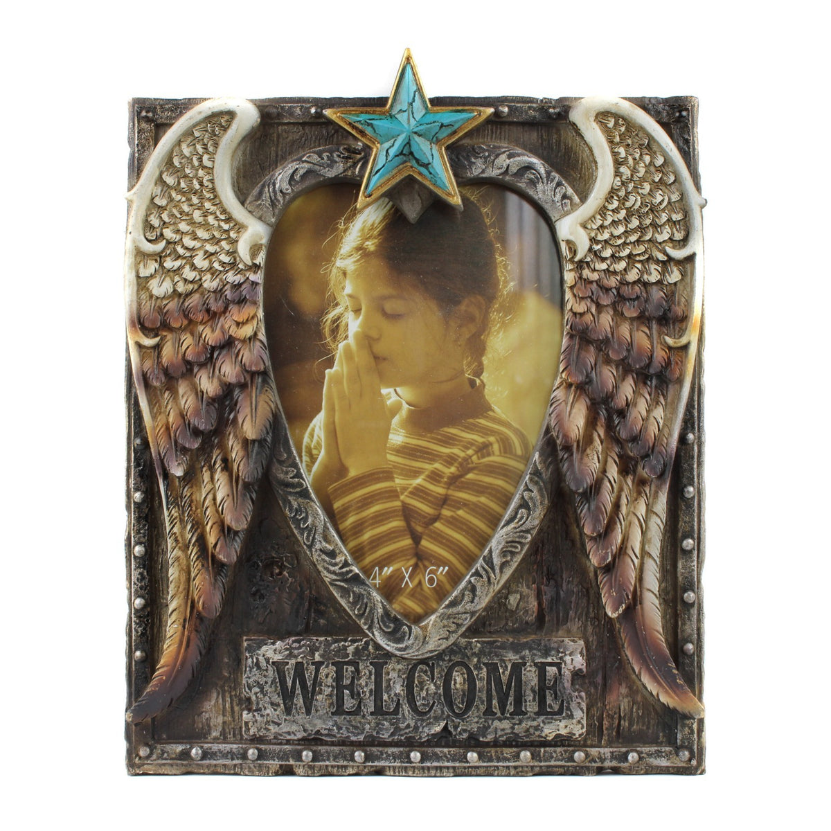 Western Cowboy Angel Wings Photo Frame 4x6 Rustic Star Welcome Sign Desk Decor