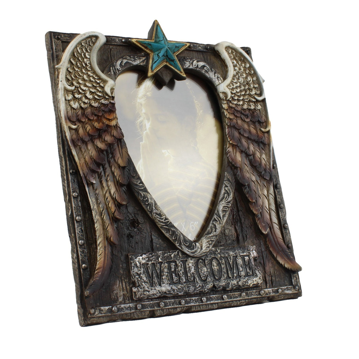 Western Cowboy Angel Wings Photo Frame 4x6 Rustic Star Welcome Sign Desk Decor