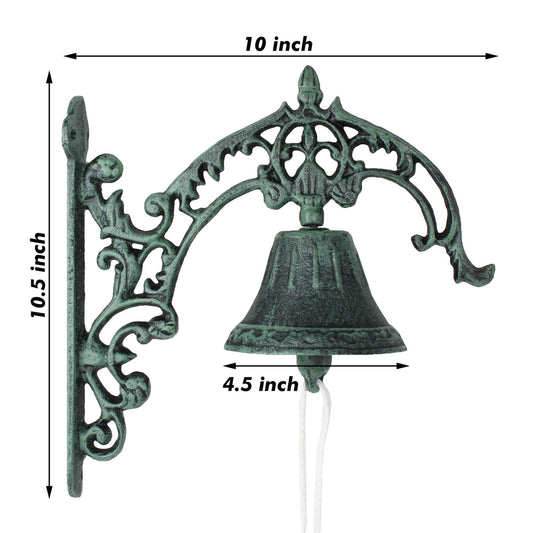 Large Verdigris Cast Iron Dinner Bell Wall Mounted Fleur De Lis Vintage Style