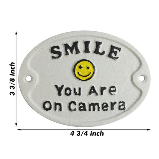 Cast Iron Smile You Are On Camera Sign Security Video Surveillance Plaque 4 3/4"