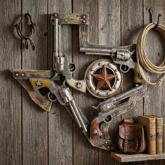 Texas State Map Wall Decor Western Revolver Pistol Star Rustic Accent 18 inch
