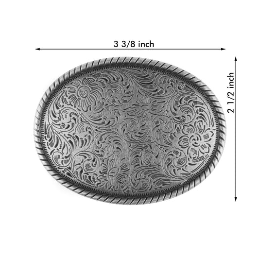 Western Floral Scroll Belt Buckle Antique Silver Tone Engraved Oval Rope Border
