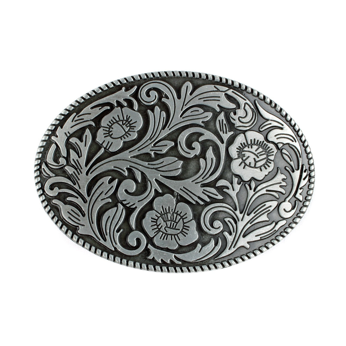 Vintage Style Floral Belt Buckle Western Cowgirl Engraved Silver Oval Rope Edge