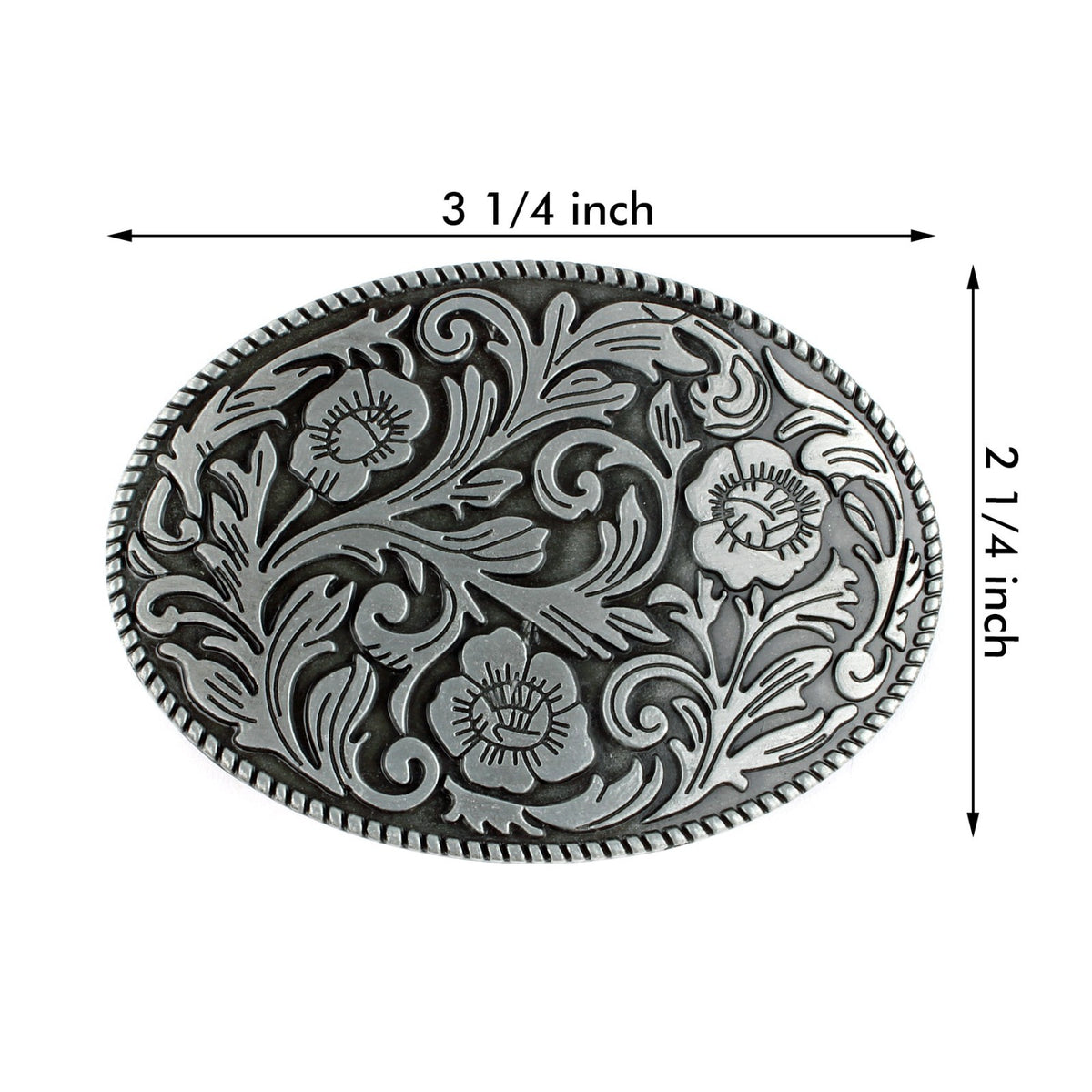 Vintage Style Floral Belt Buckle Western Cowgirl Engraved Silver Oval Rope Edge