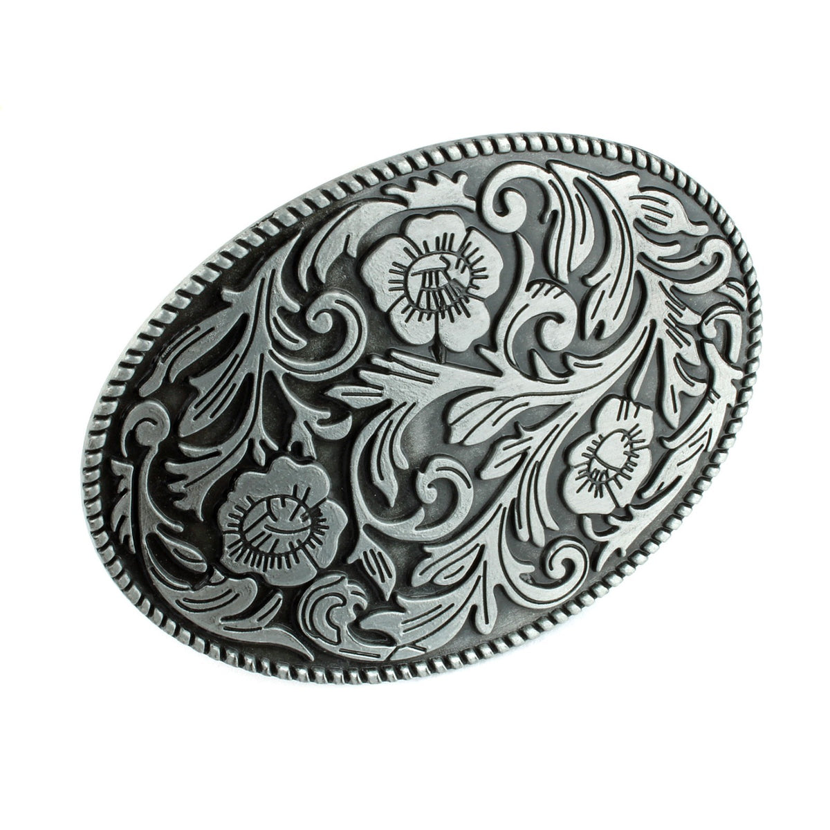 Vintage Style Floral Belt Buckle Western Cowgirl Engraved Silver Oval Rope Edge