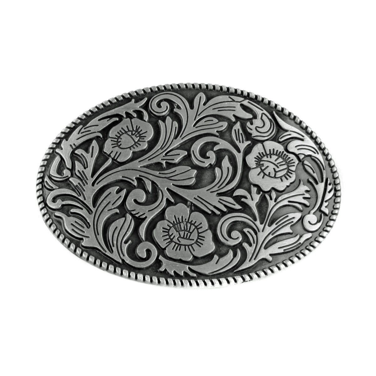 Vintage Style Floral Belt Buckle Western Cowgirl Engraved Silver Oval Rope Edge