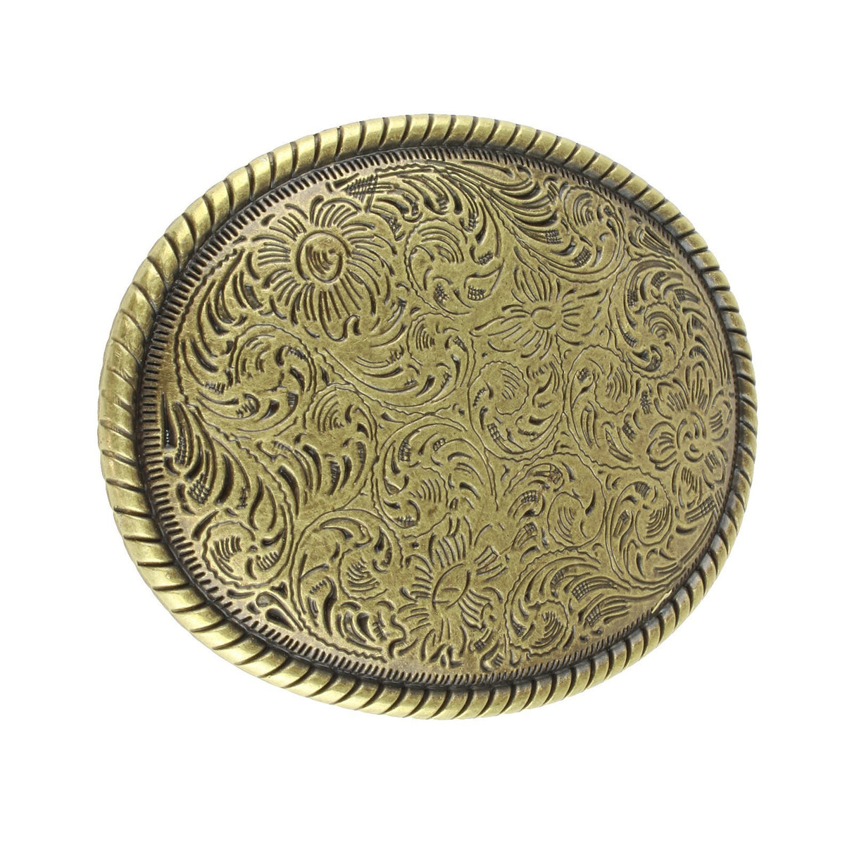 Western Floral Belt Buckle Antique Brass Gold Tone Engraved Oval Rope Border