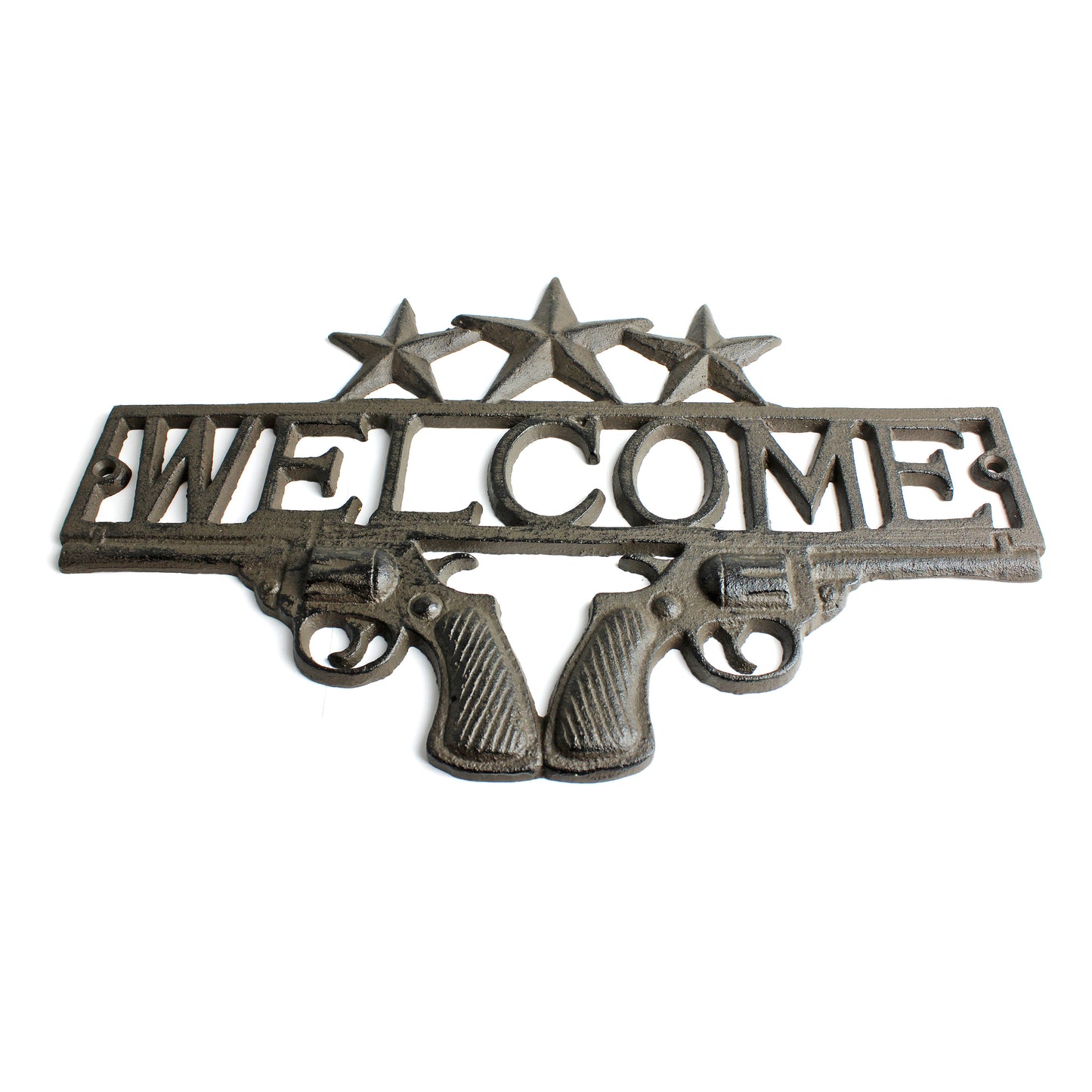 Cast Iron Western Welcome Sign Wall Plaque Stars Crossed Revolver Pistols 13.25"